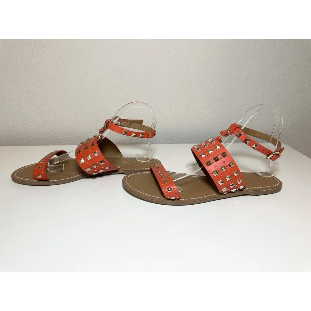 Arturo Chiang‎ Orange Gold Studded Leather Flat Ankle Strap Sandals Women's 9M